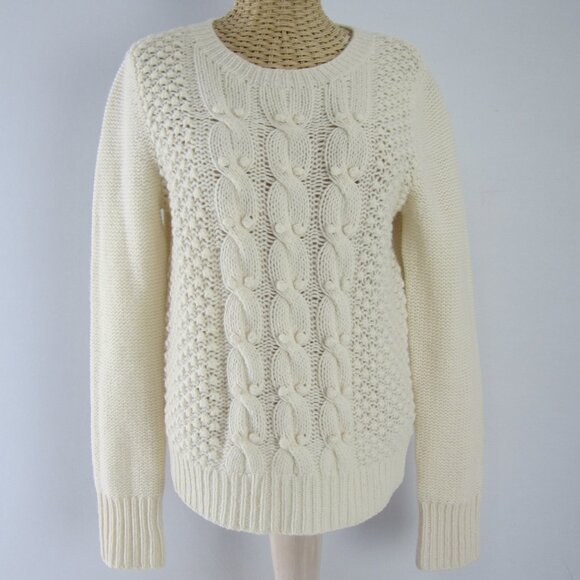 J Crew Womens Medium Ivory Hand Knit LS Bobble Cable Pullover Sweater Lambswool - Picture 1 of 7